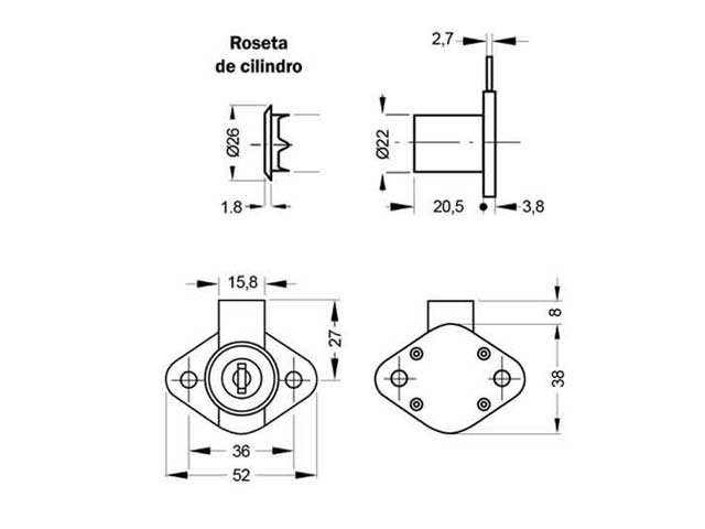 Cerradura de aplicar ancha. Ø22 mm